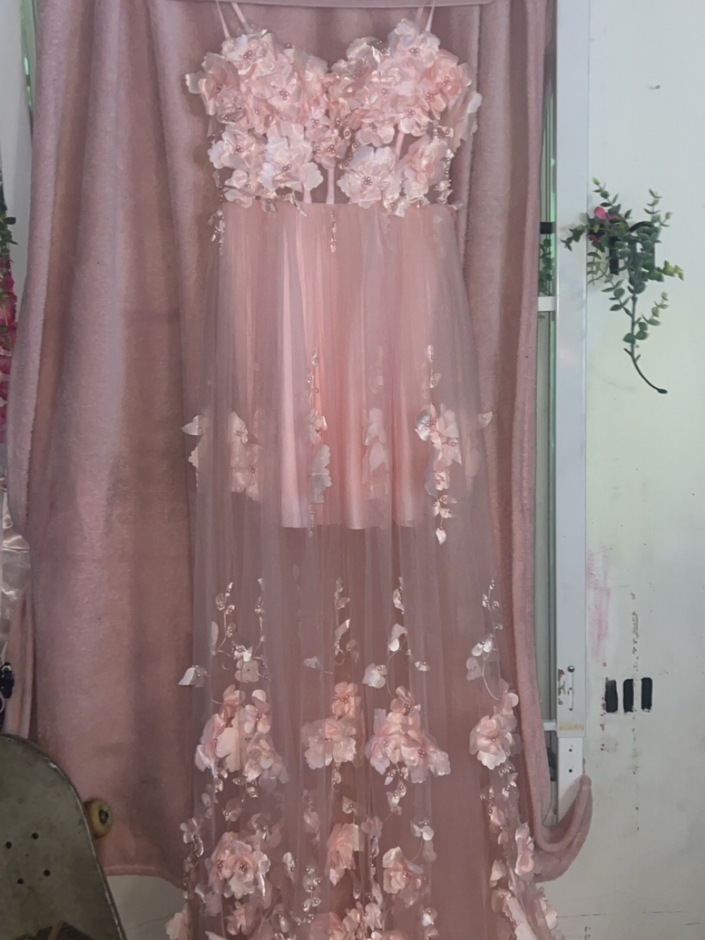 Blush Pink Floral Appliqué Tulle Gown